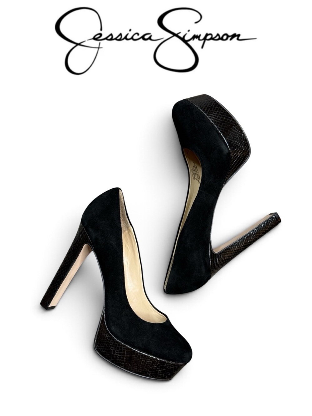 NWT JESSICA SIMPSON NELLAH
BLACK SUEDE PLATFORM HEELS SNAKE
EMBOSSED SIZE 8.5